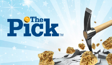 The Pick logo with gold and pick axe